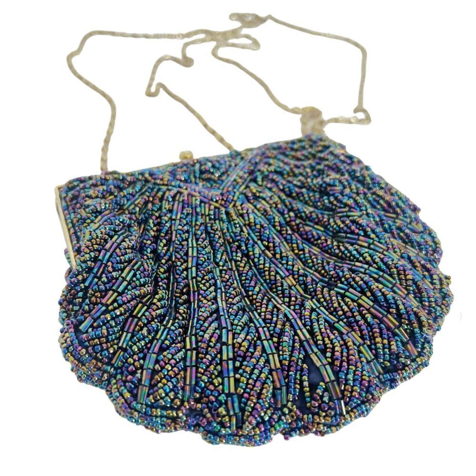 Vintage 80s La Regale Iridescent Blue Oil Spill Beaded Evening Bag Scalloped