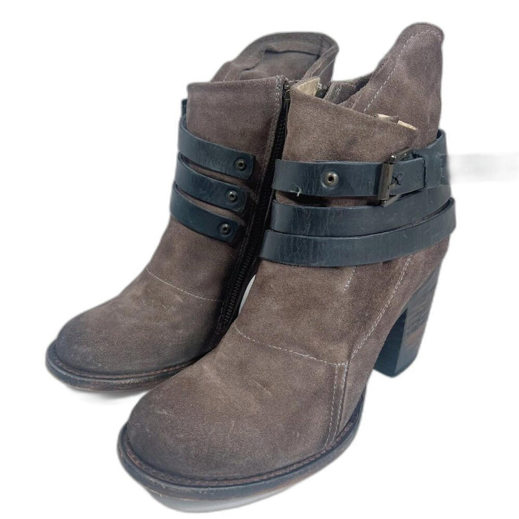 Freebird Blaze Brown Leather Booties Black Buckle Heeled Ankle Boot Size 9