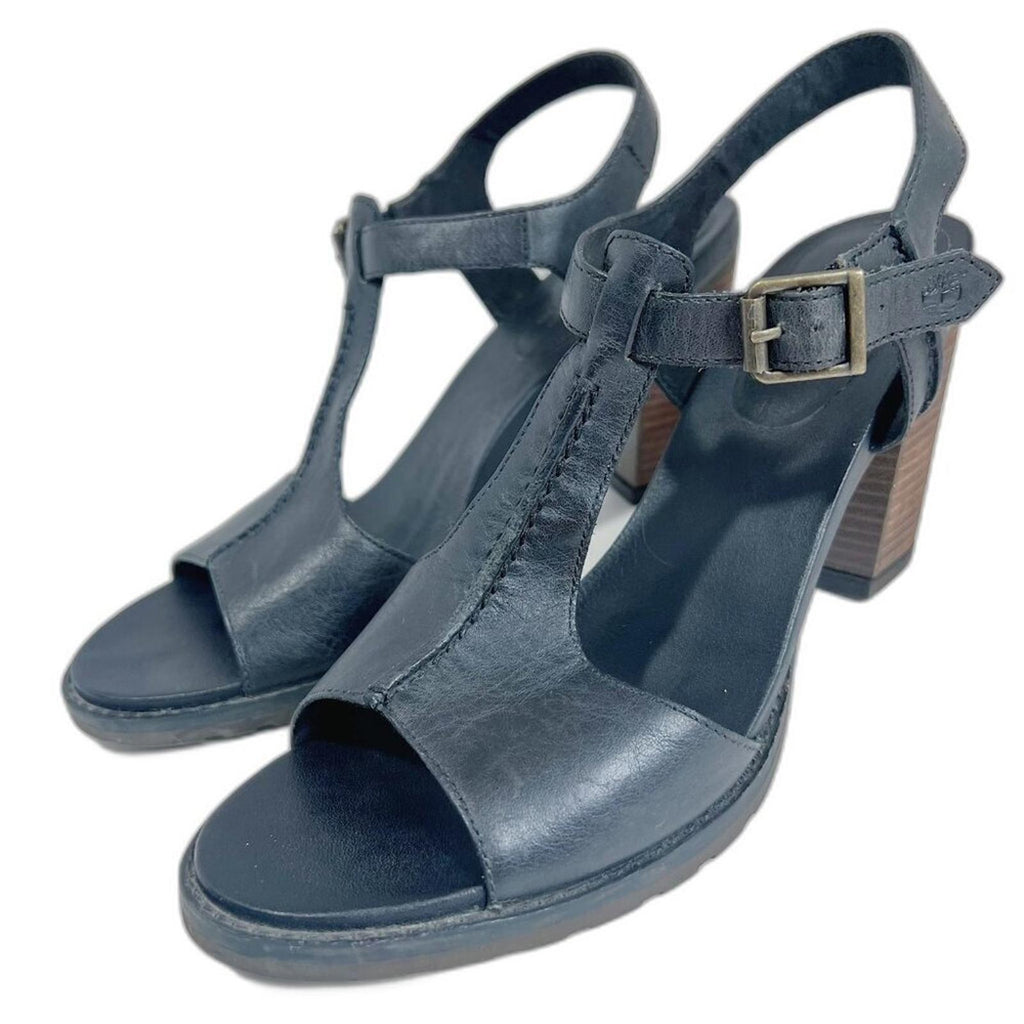 Timberland Earthkeepers Stratham Heights Sandal Black Leather Heel Size 9.5