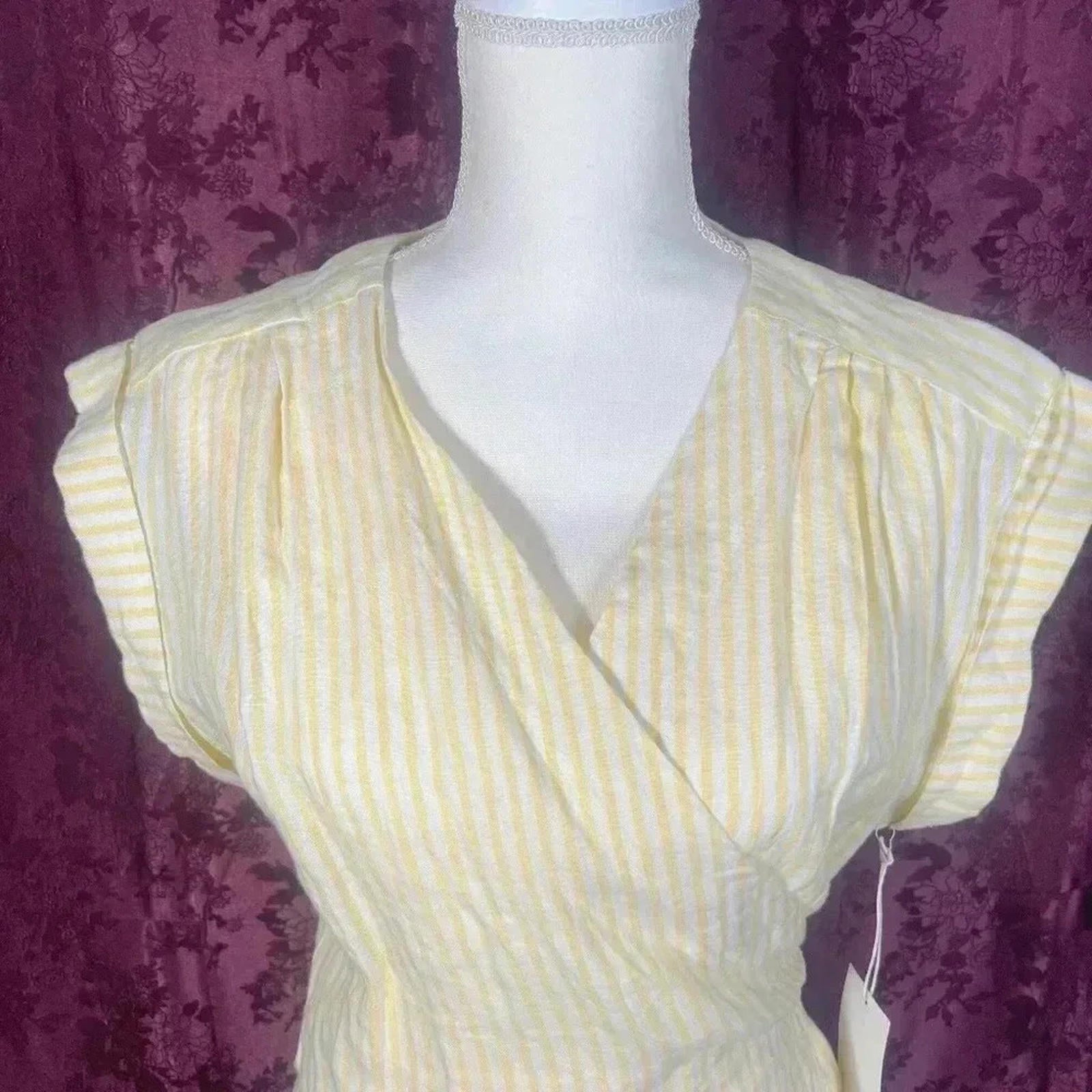 NWT Frame Yellow Striped Linen Wrap Top Women's Size M Summer Beach