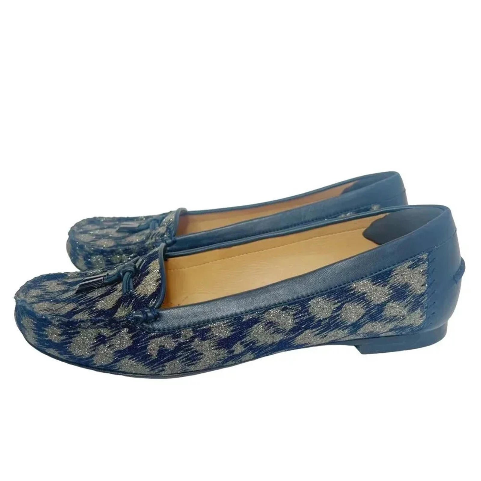 Like New Stuart Weitzman Blue Leather and Gold Glitter Loafer Flats Size 8.5