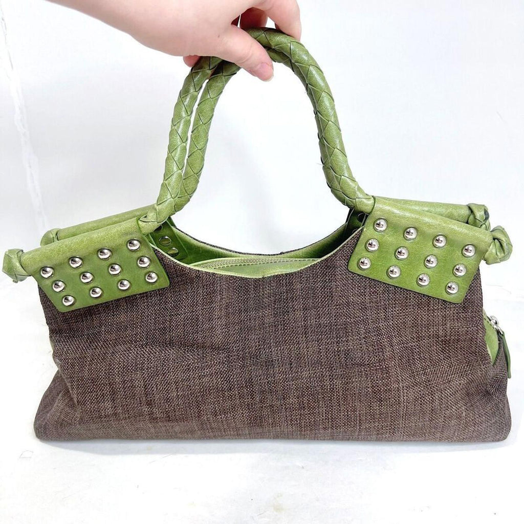 Matt & Natt Anthropologie Green Faux Leather Brown Studded Handbag Studded
