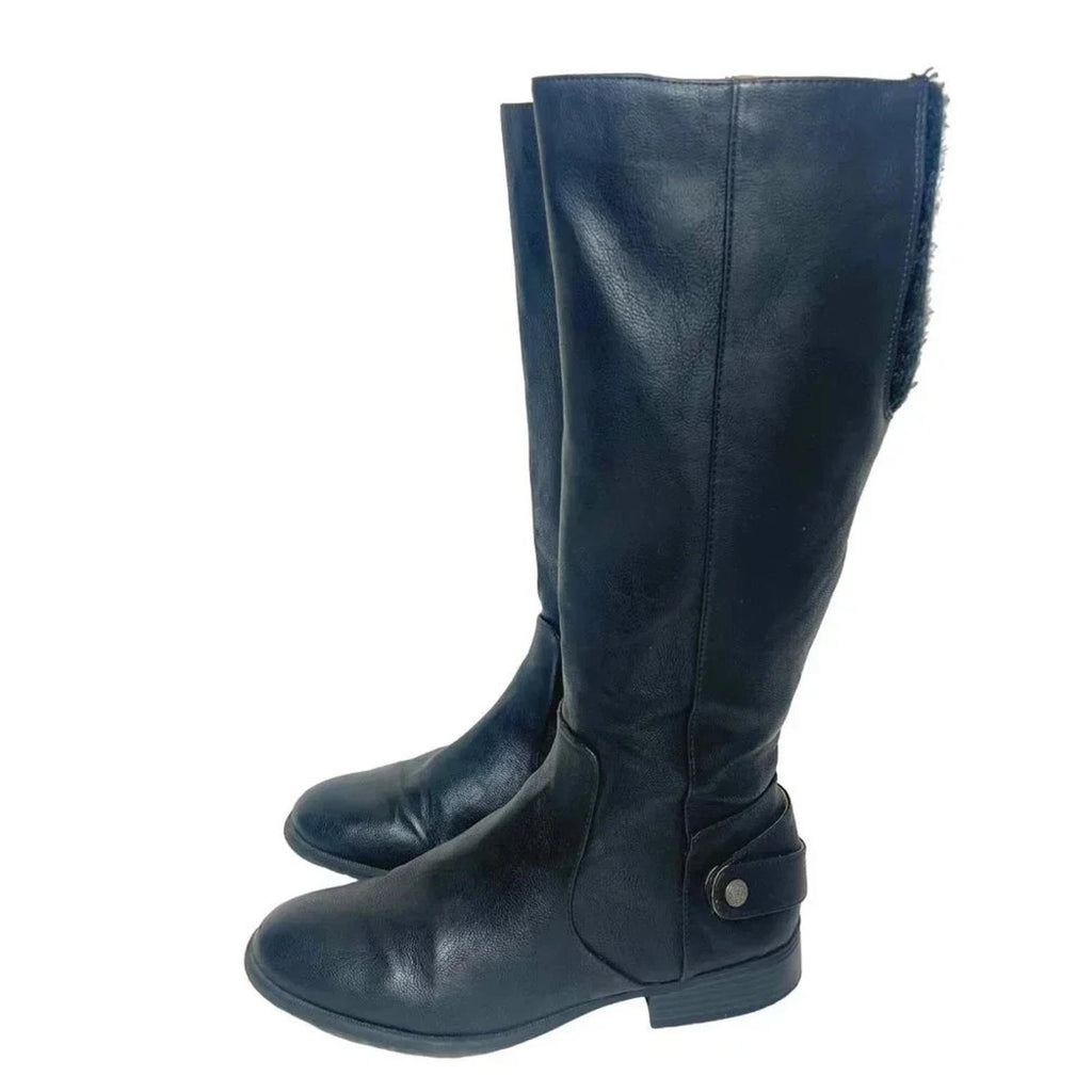 Life Stride Amy Black Faux Leather Knee High Riding Boots Knit Back Size 8.5