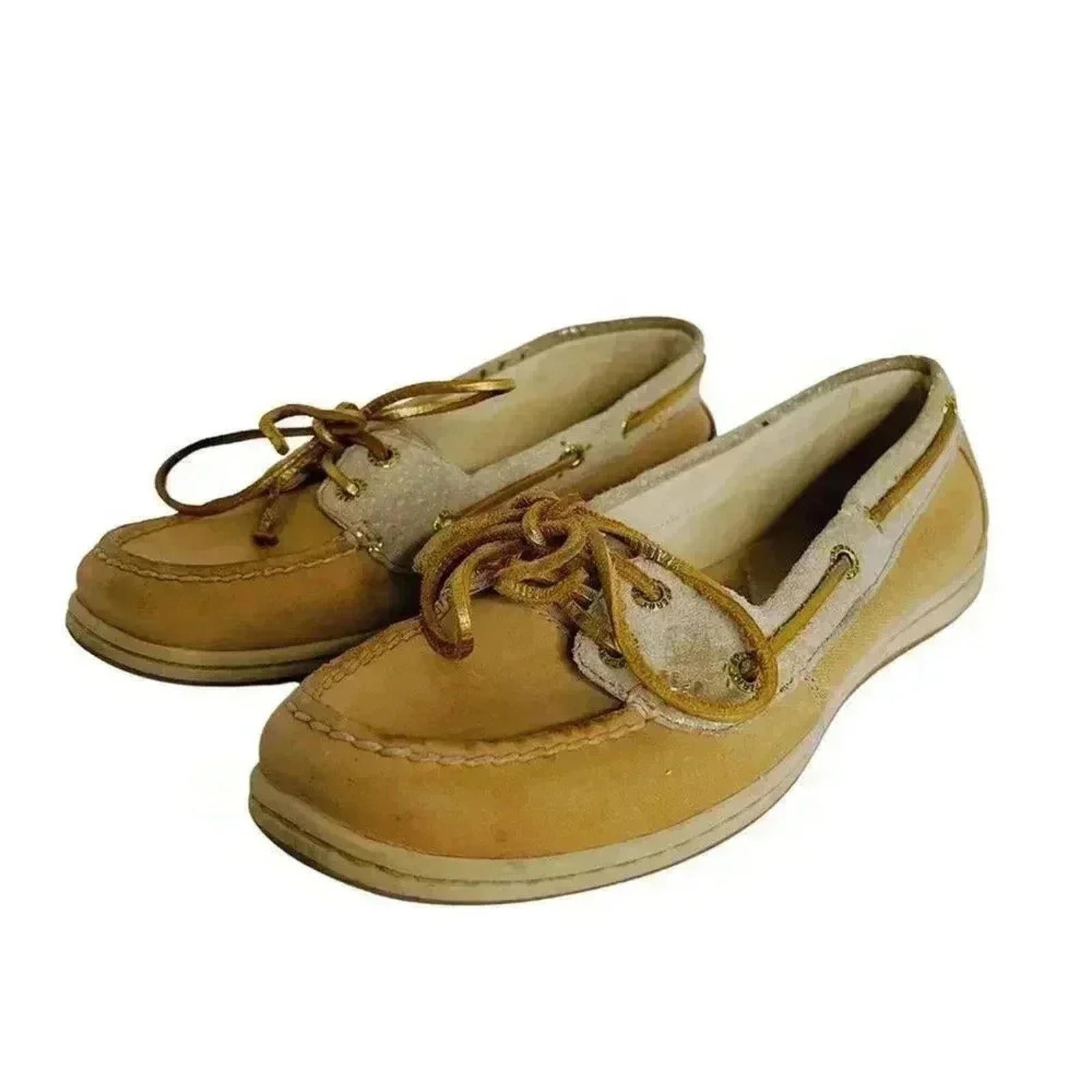 Sperry Top-Sider Tan Leather Boat Shoes Gold Details Preppy Old Money Size 9.5