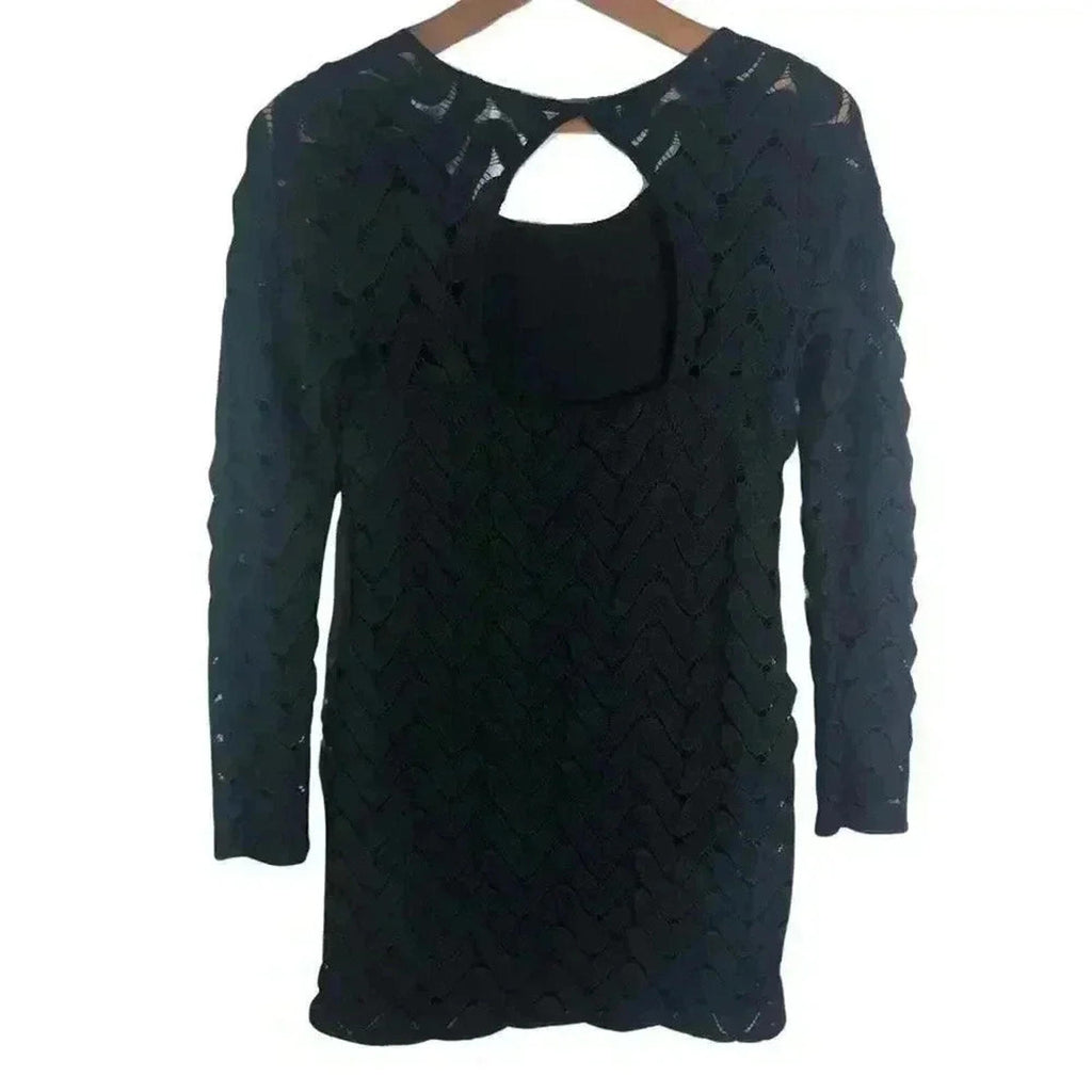 Free People Black Chevron Print Knit Bodycon Dress LBD Mini Dress Size S