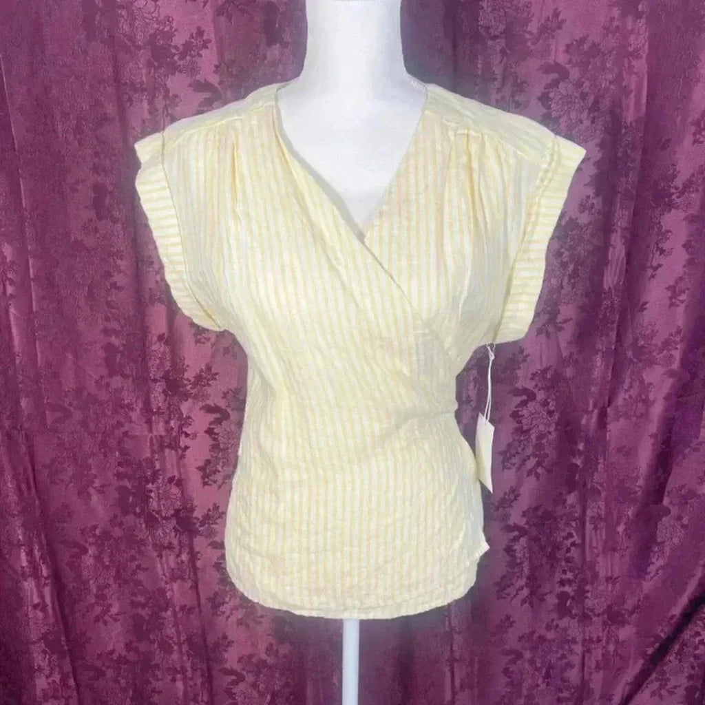 NWT Frame Yellow Striped Linen Wrap Top Women's Size M Summer Beach