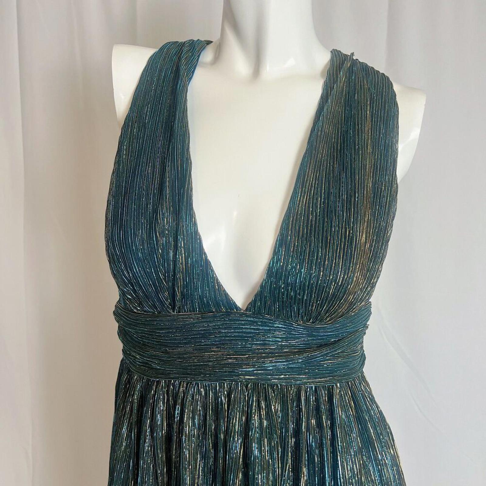 Lulus Ailey Gold and Teal Blue Metallic Skater Dress Women's Size M