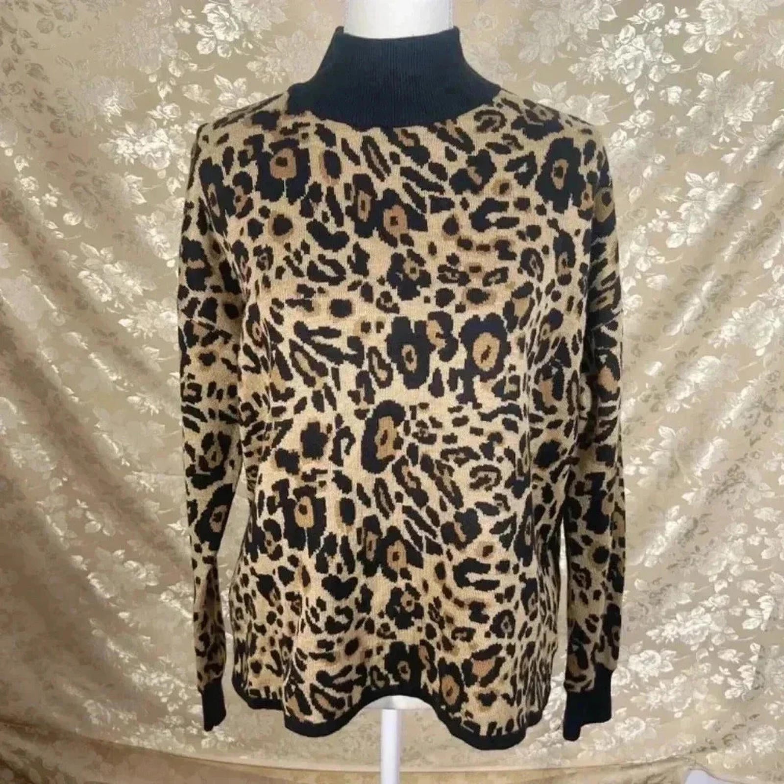 Calvin Klein Leopard Print Mock-Neck Sweater Animal Print Knit Women's Size M