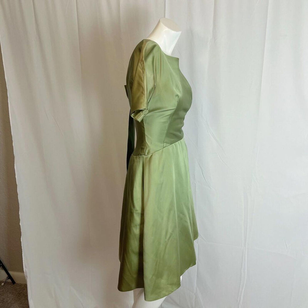Vintage 1960s Green A Line Dress Bow Back Satin Knee Length Women's Size 11