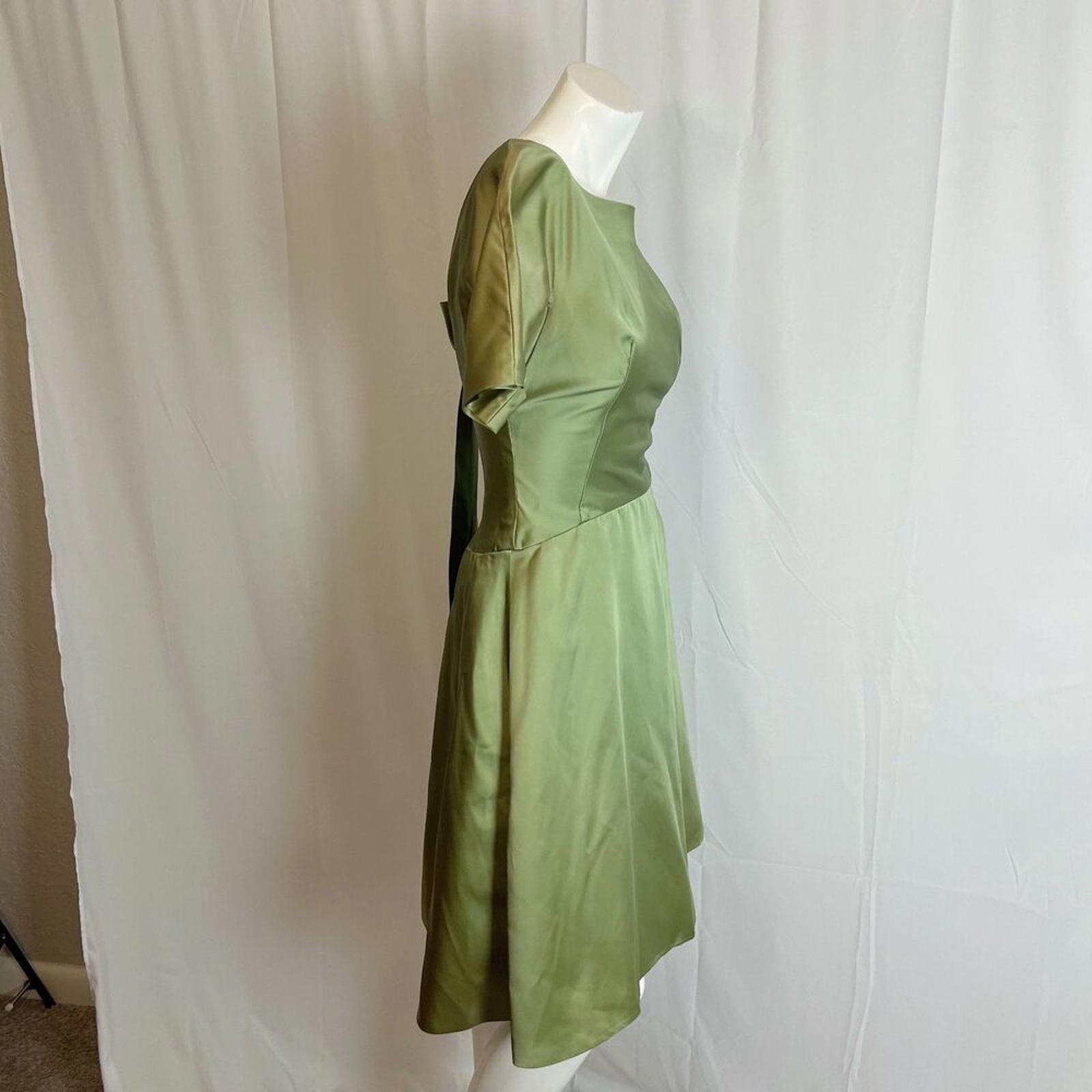 Vintage 1960s Green A Line Dress Bow Back Satin Knee Length Women's Size 11