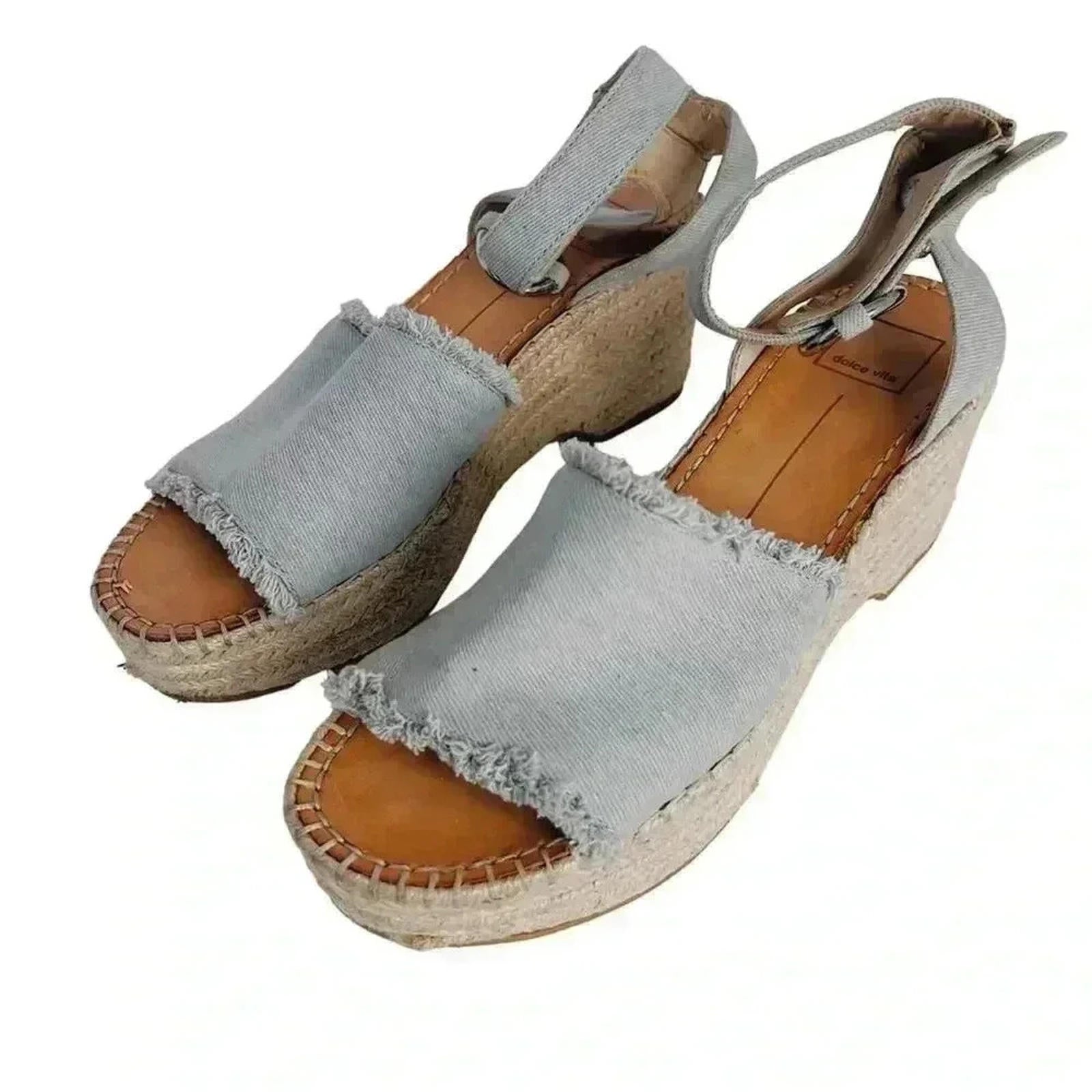 Dolce Vita Denim Platform Sandals Wedges Blue Cream Woven Women's Size 9.5