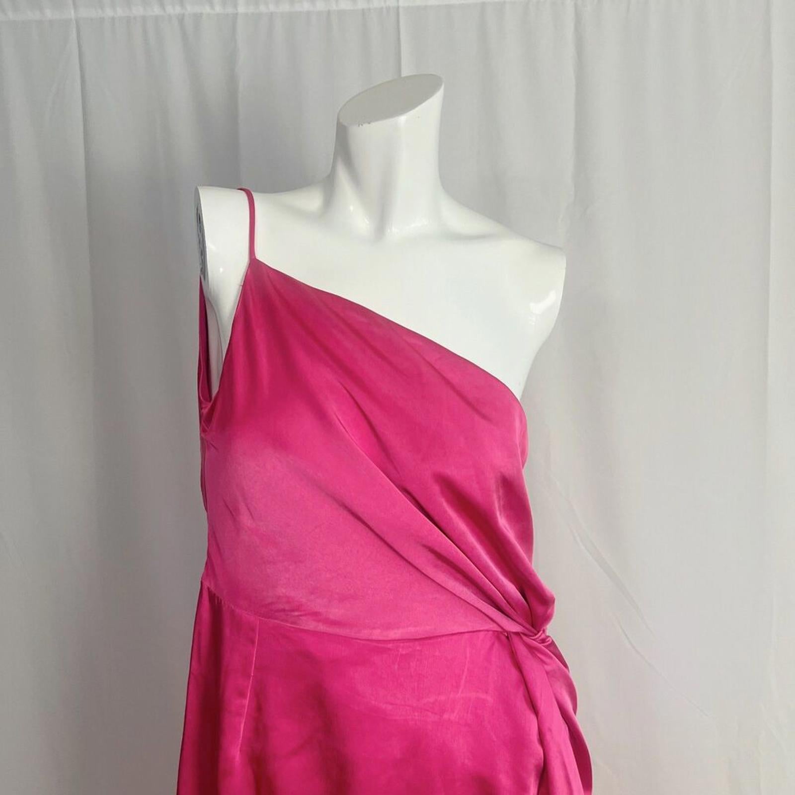 O.P.T. OnePrettyTime Formal One Shoulder Slit Barbie Pink Satin Gown Size M