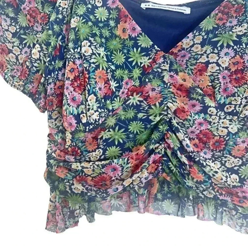 Urban Outfitters UO Navy Blue Pink Green Floral Mesh Crop Ruched Top Size M