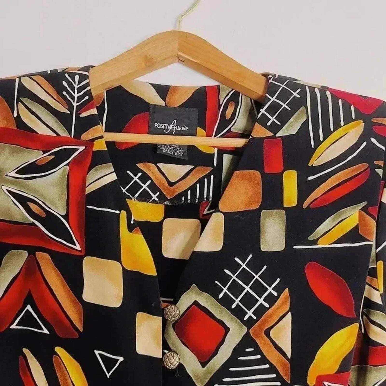 Vintage 80s Positive Attitude Geometric Print Short Sleeved Button Up Size 16P