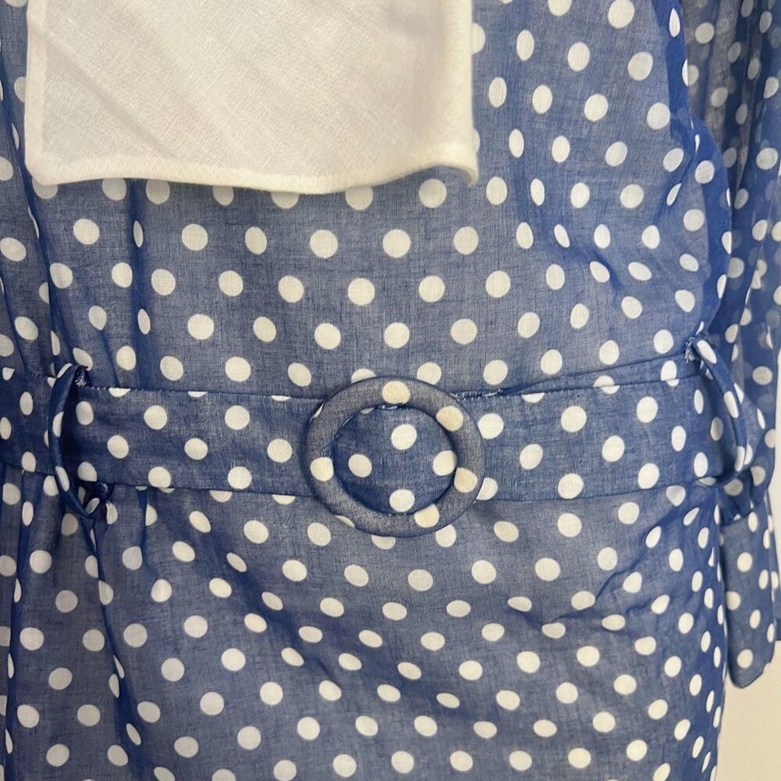 1970s Vintage Jonathan Logan Blue White Polka Dot Tied Collar Mod Size 7