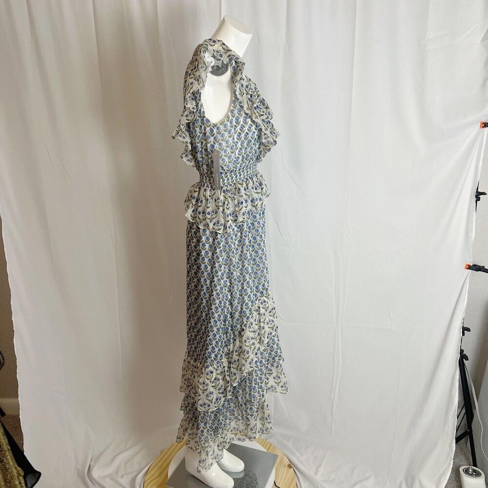 NWT Misa Los Angeles Ruffle Tiered Midi Dress Blue Floral Cottagecore Size S