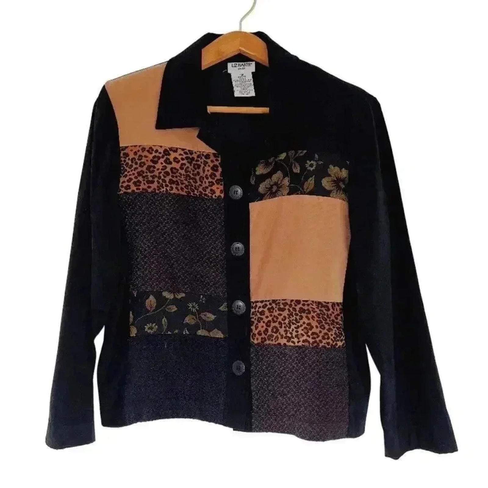 Vintage Liz Baker Black Brown Patchwork Long Sleeve Button Up Blouse Size 10P