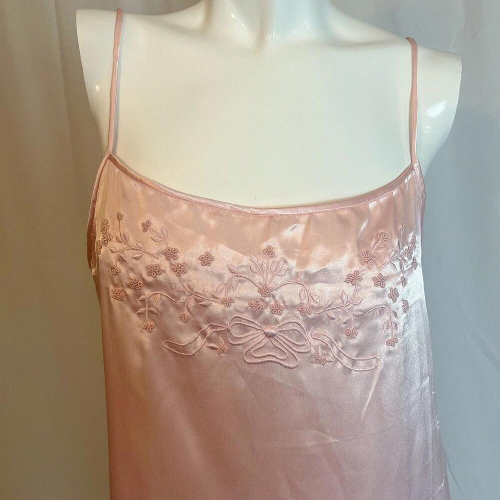 Vintage Private Moments Light Pink Satin Embroidered Slip Dress Coquette Size XL