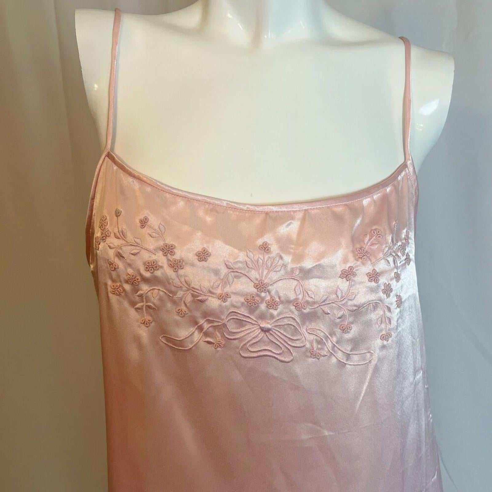 Vintage Private Moments Light Pink Satin Embroidered Slip Dress Coquette Size XL