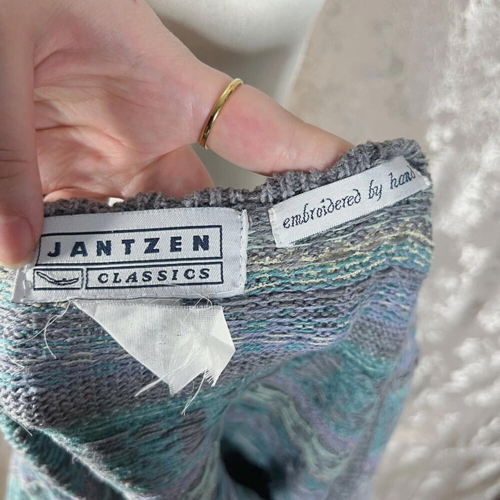 Vintage Jantzen Collection Embroidered Grey Blue Purple Cardigan Sweater Size M
