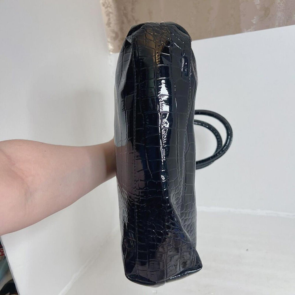Neiman Marcus 90s Vintage Black Patent Leather Crocodile Shoulder Bag Purse