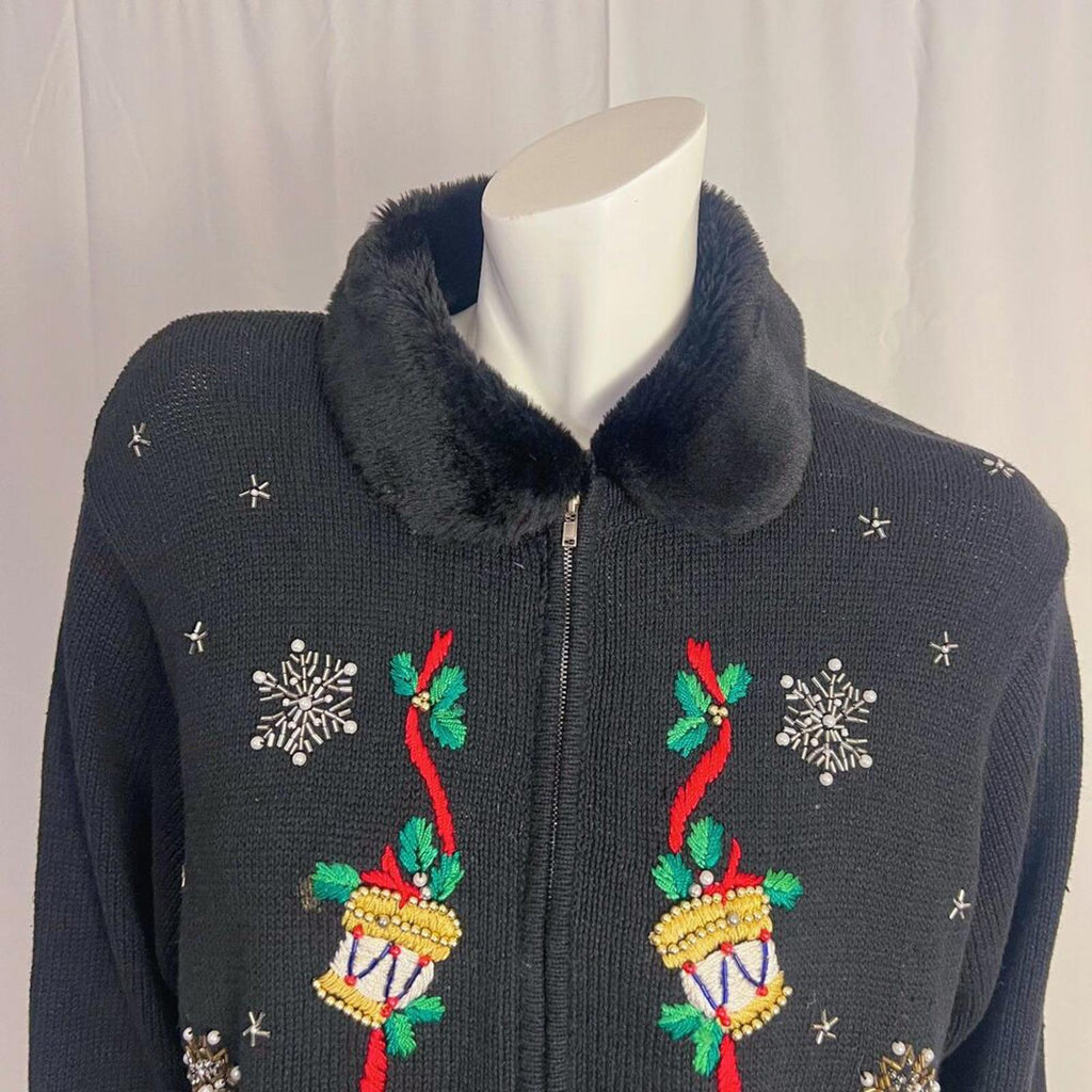 Vintage Christmas Sweater Beaded Embroidered Nutcracker Ugly Sweater Size XL