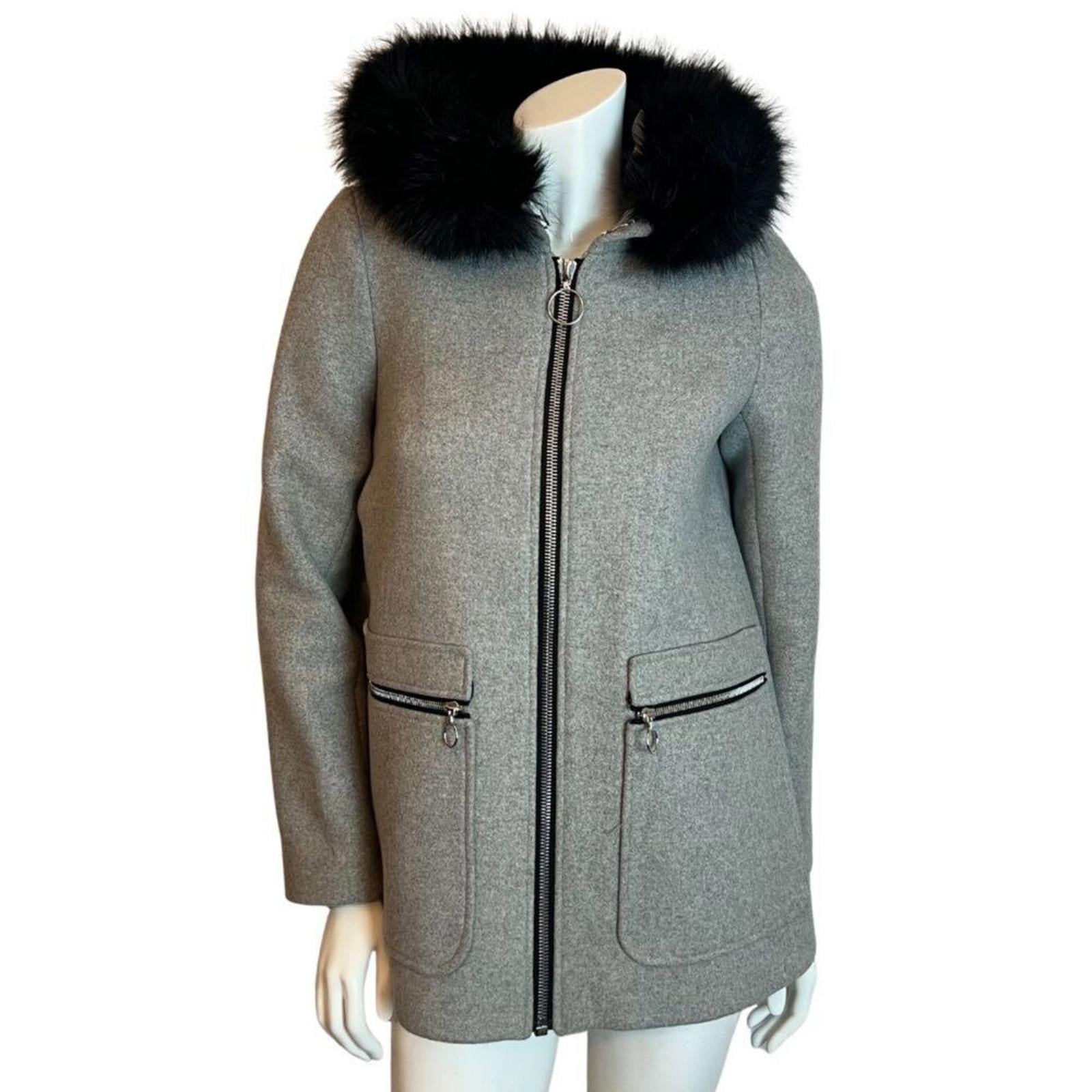 Maje Greli Fur Trimmed Coat Grey Wool Jacket Black Fur Size 38 EU M US