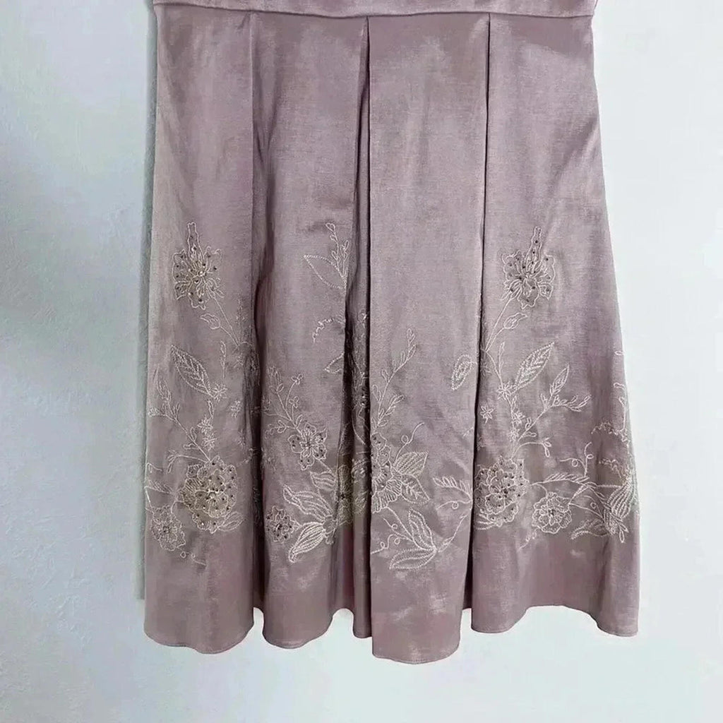 Vintage Oleg Cassini Dusty Rose Pleated Tea Dress Embroidered Women's Size 6