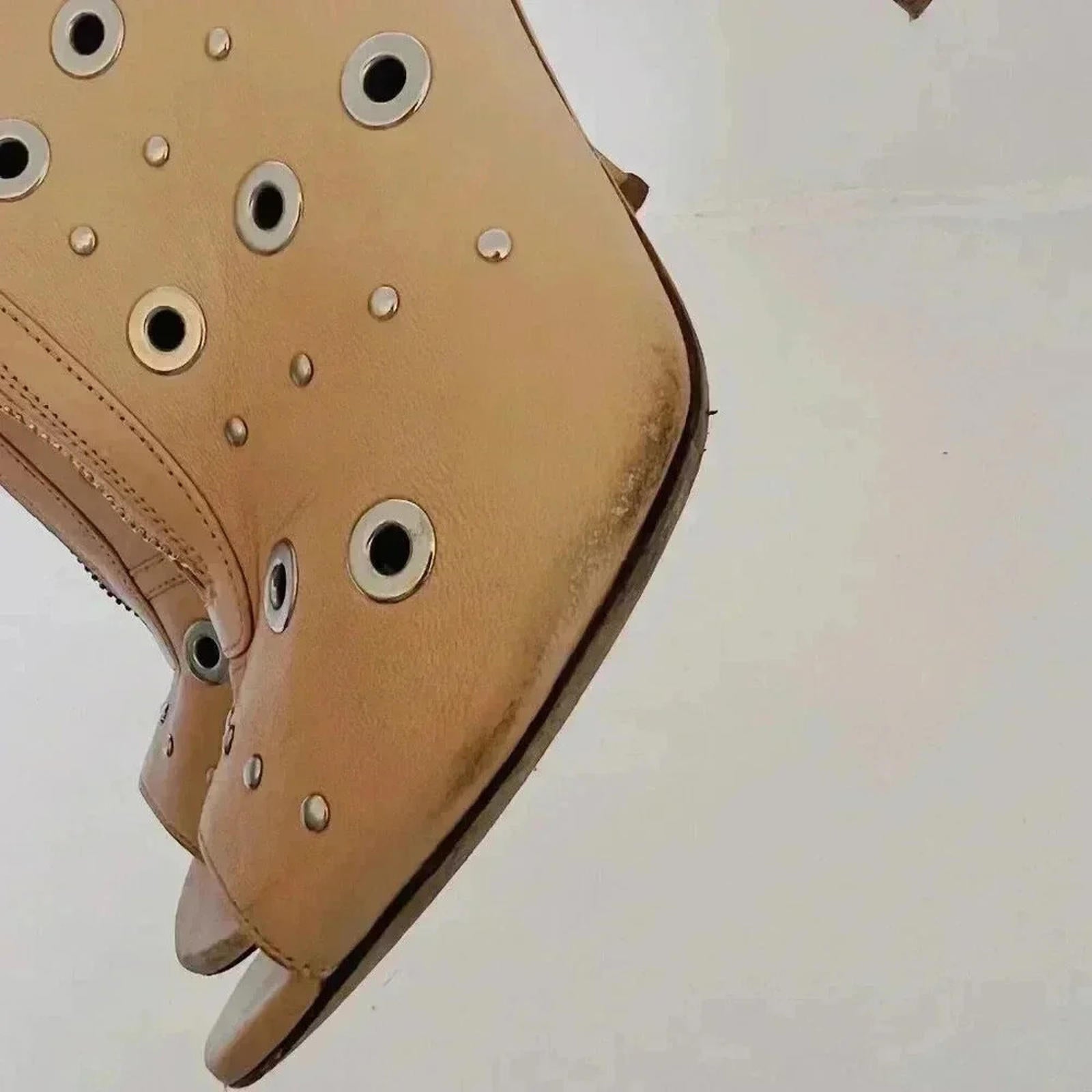 Jerome C. Rousseau Net Grommets Tan Stilettos With Rivets