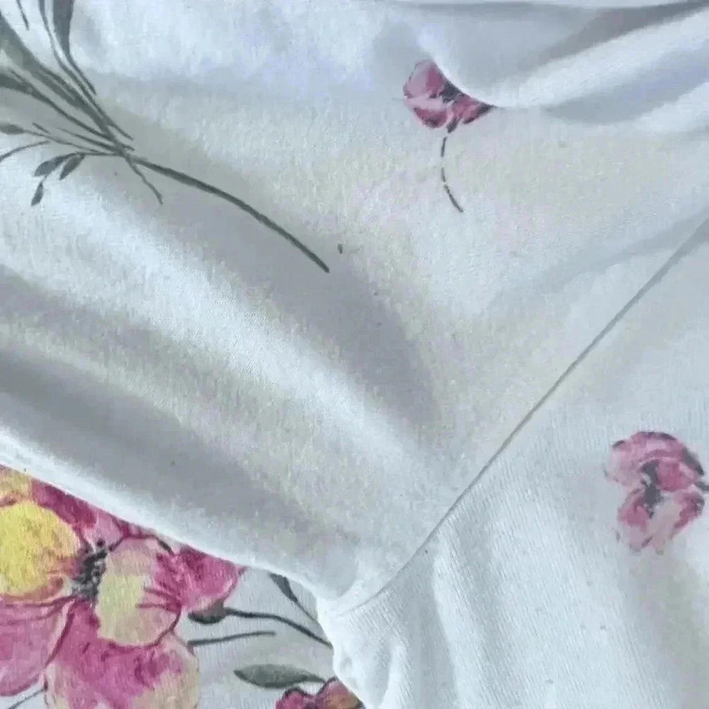 ❤️ 3/$15 Forever 21 White Pink Floral Puff Sleeve Crop Top Peasant Blouse Size L
