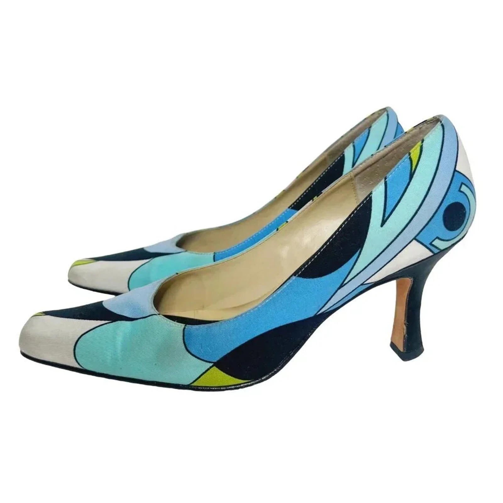 Y2K Vintage Karen Scott Blue and Green Mod Print Pumps Women's Size 6.5