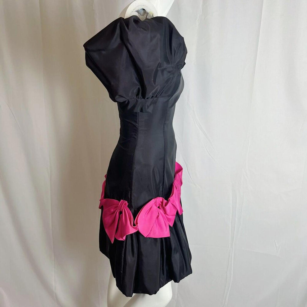 Vintage 80s Black Puff Sleeves Pink Bows Dress Party Prom Retro Size 7-8