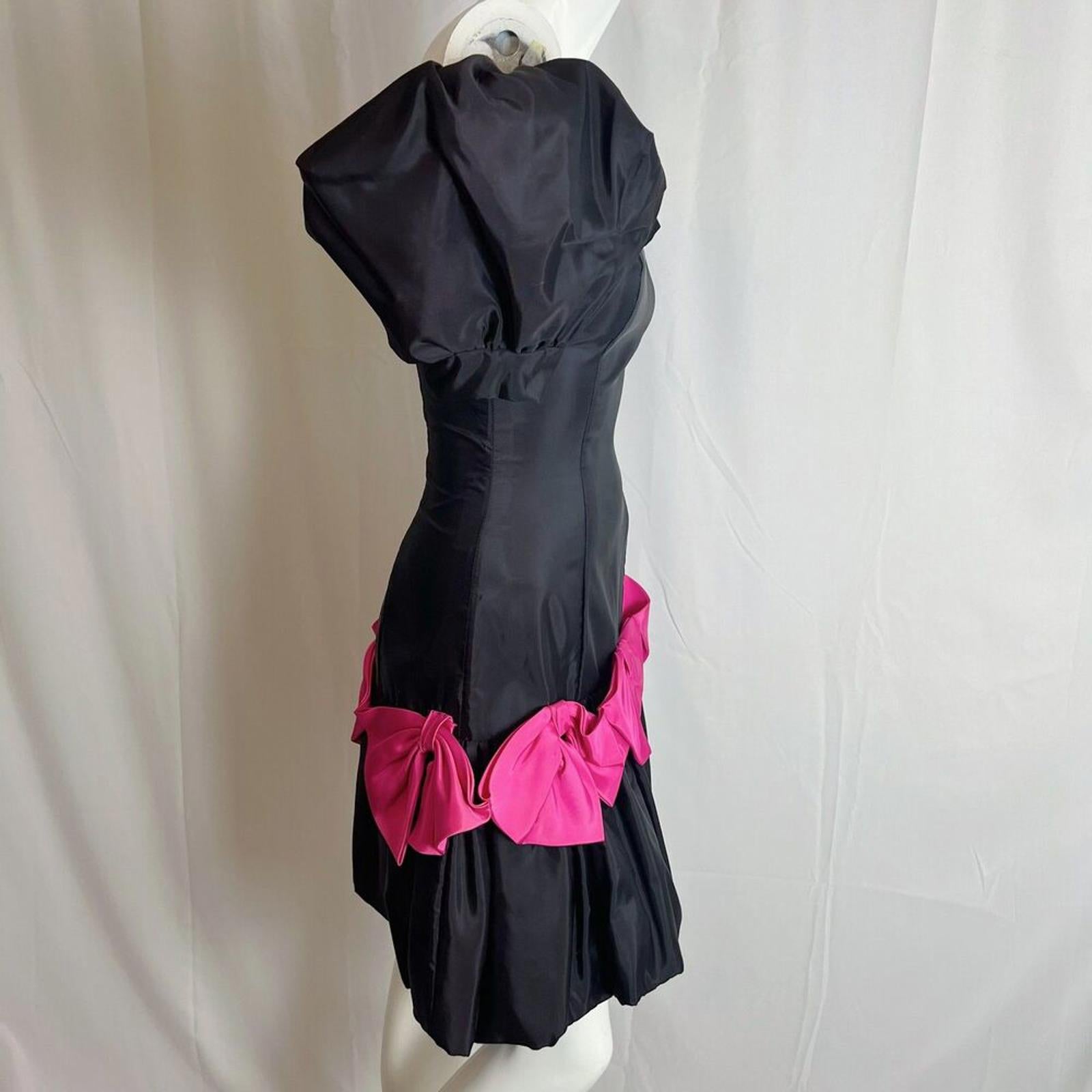 Vintage 80s Black Puff Sleeves Pink Bows Dress Party Prom Retro Size 7-8