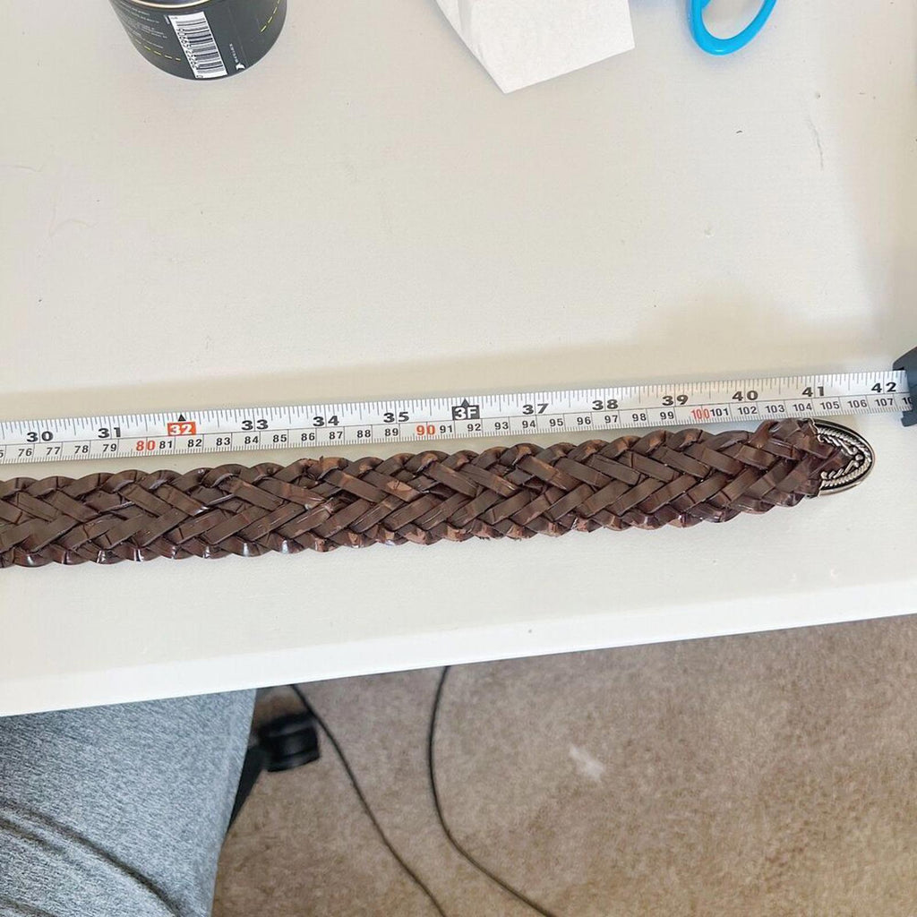 Vintage Brown Leather Braided Belt Silver Statement Buckle Size M