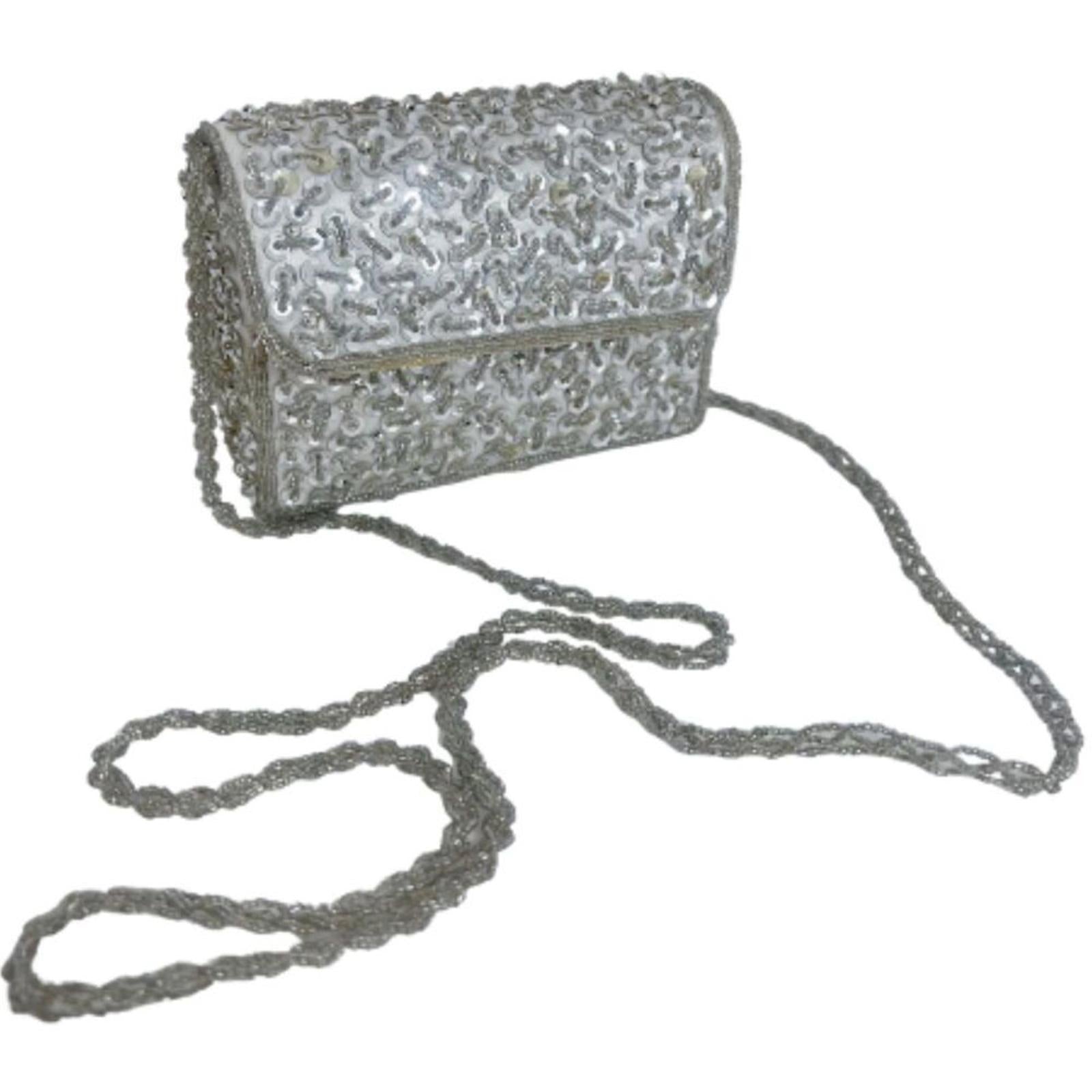 Vintage 90s Silver Sequined Beaded Embellished Evening Bag Party Purse