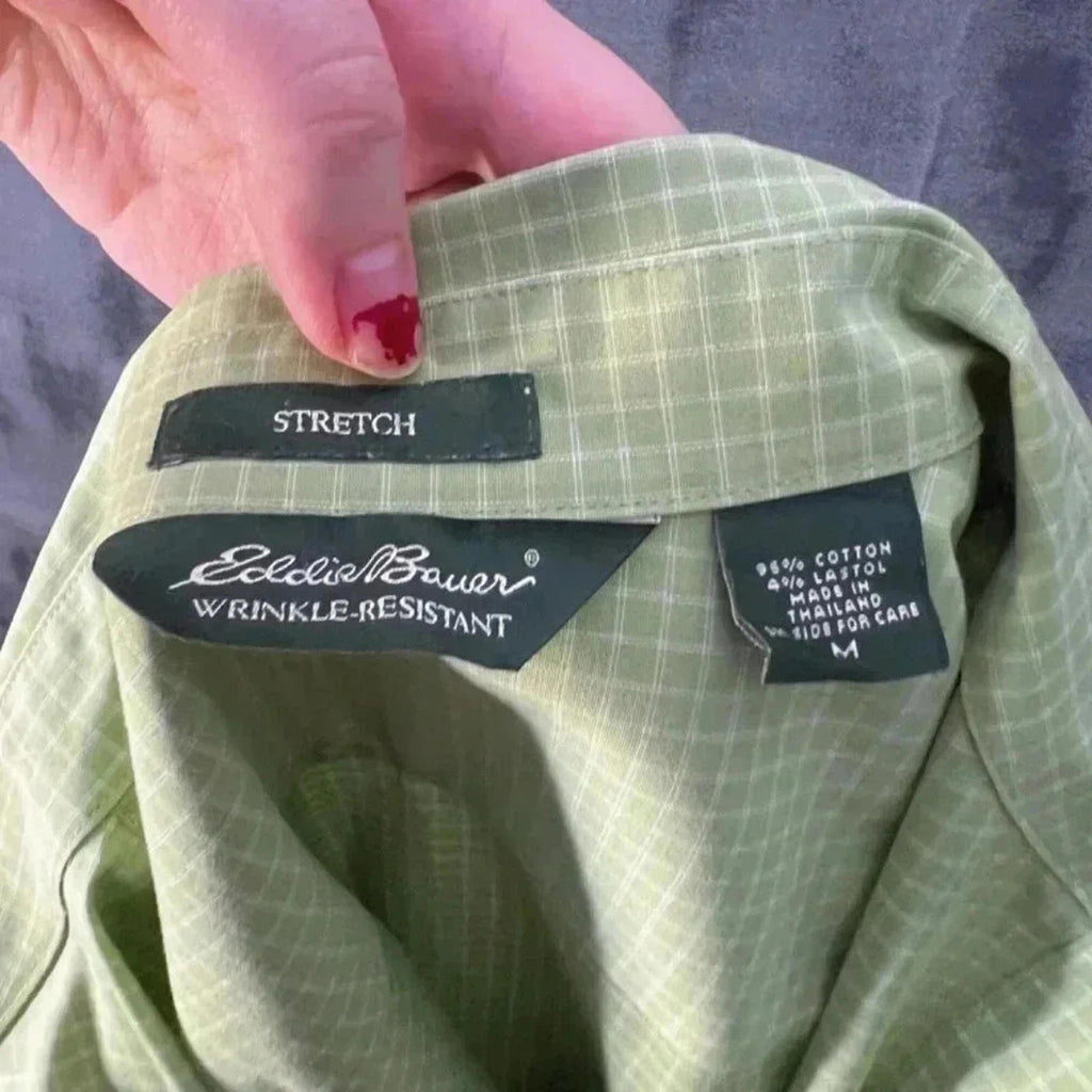 Eddie Bauer Green Grid Print Stretch Wrinkle Resistant Button Up Shirt Size M