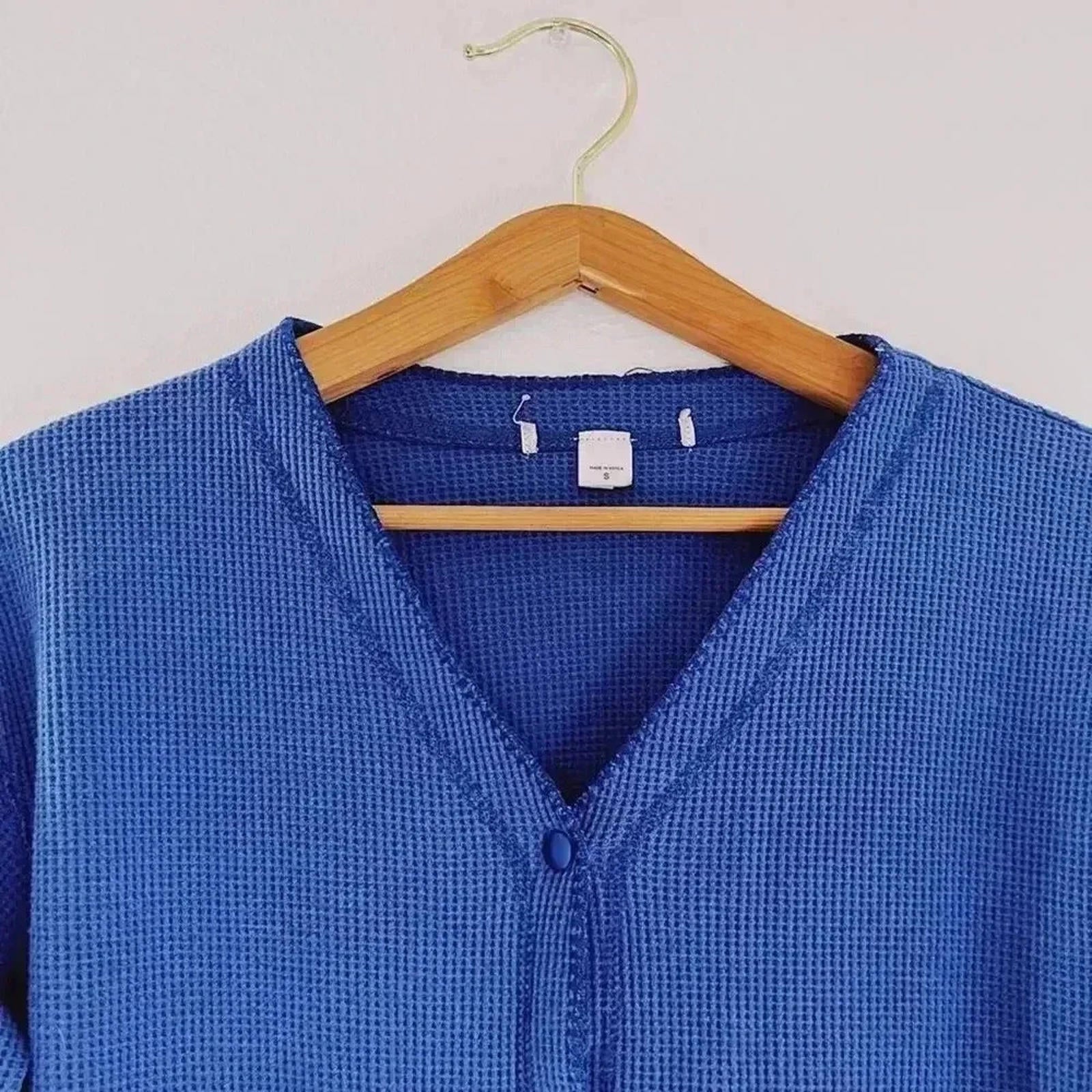 Blue Button Down Waffle Long Sleeve Shirt Women's Size S