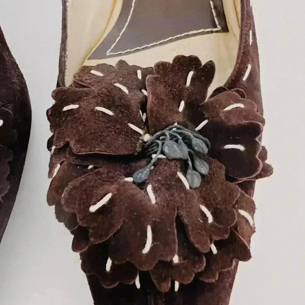 y2k Vintage Ramon Tenza Brown Suede Cream Pointed Toe Heels Flower Size 8.5