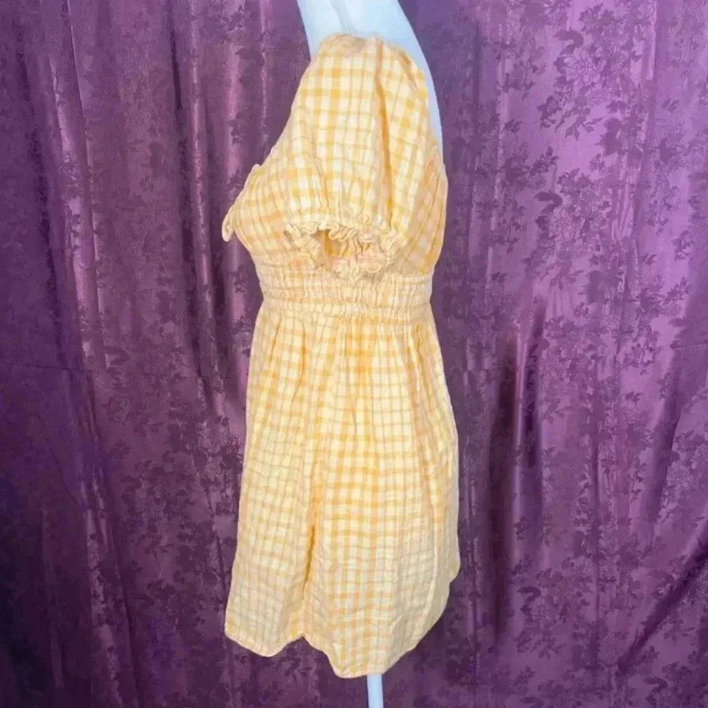 Urban Outfitters Womens Milkmaid Dress Puff Sleeves Yellow Plaid Gingham Size M
