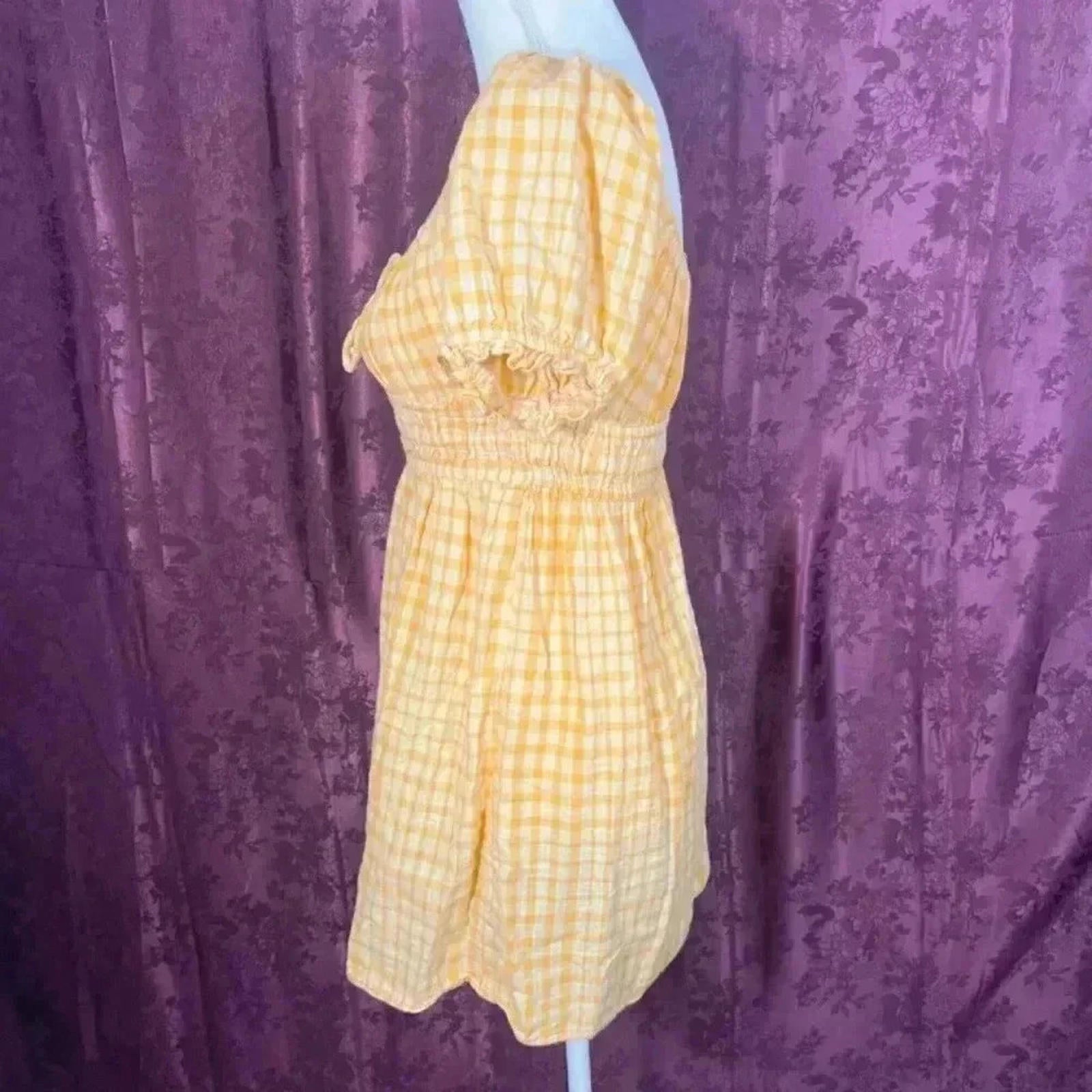 Urban Outfitters Womens Milkmaid Dress Puff Sleeves Yellow Plaid Gingham Size M