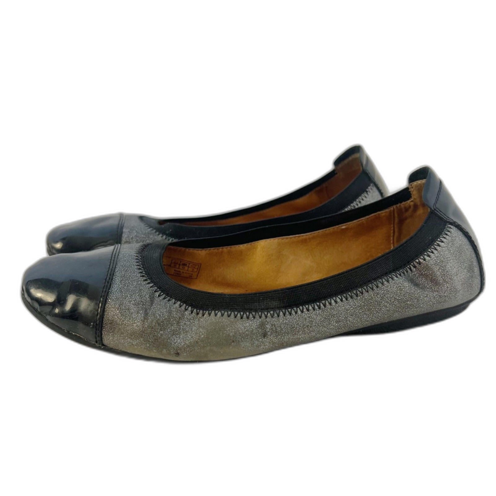 Josef Seibel Women's Cap Toe Ballet Flats Black Patent Leather Silver Size 8 8.5