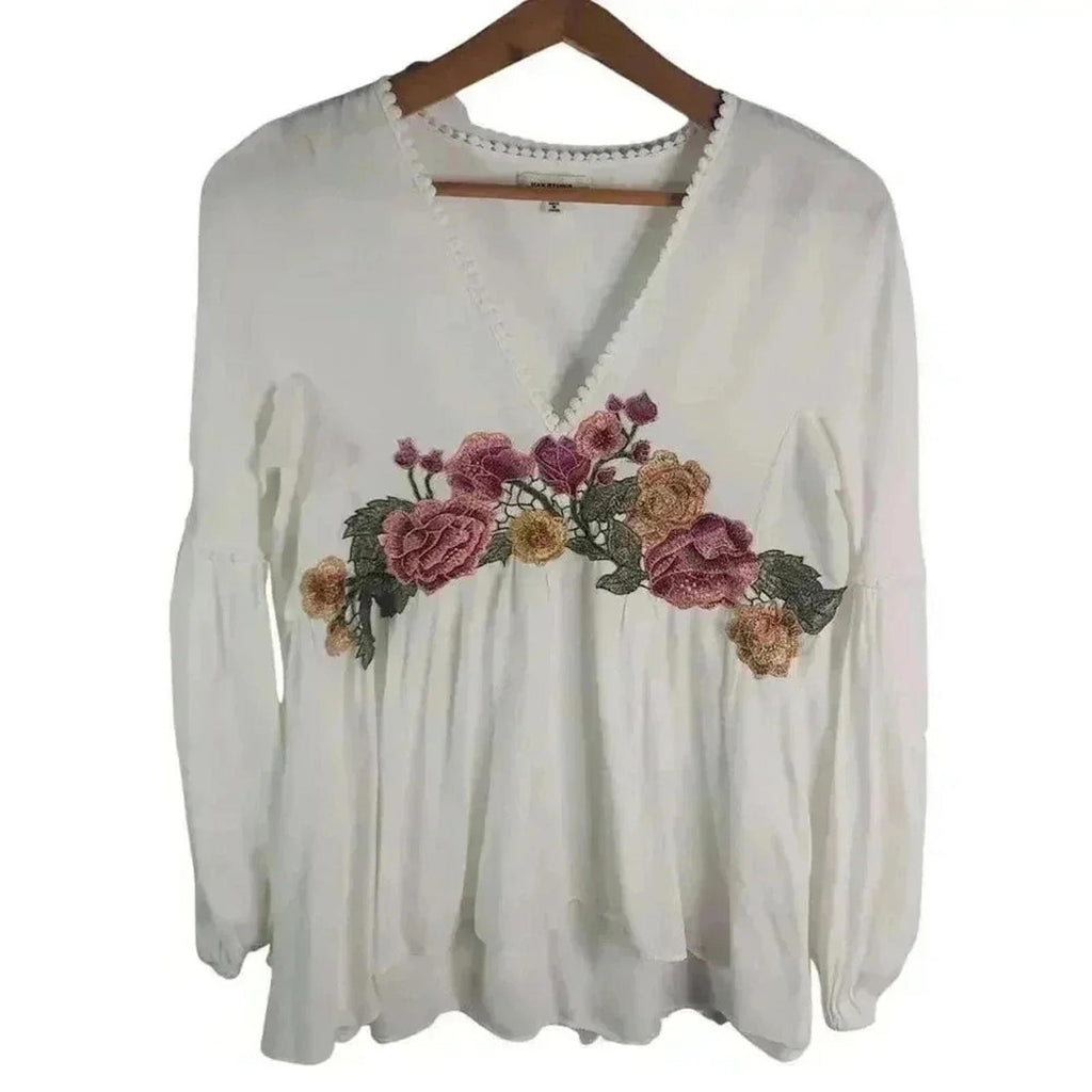 Max Studio White Pink Green Floral Embroidered Peasant Blouse Women's Size S
