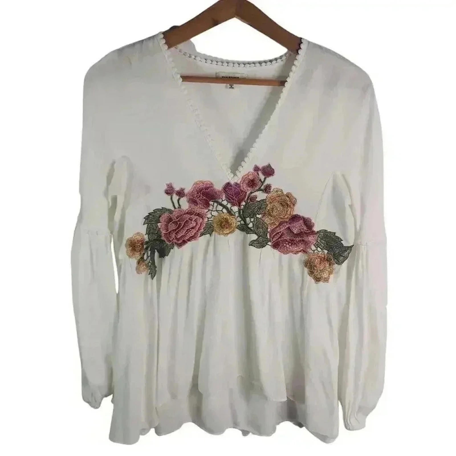 Max Studio White Pink Green Floral Embroidered Peasant Blouse Women's Size S