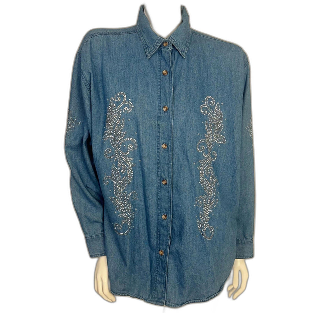 Vintage La Sha Denim Button Up Shirt Rhinestones Western Country Women's Size L