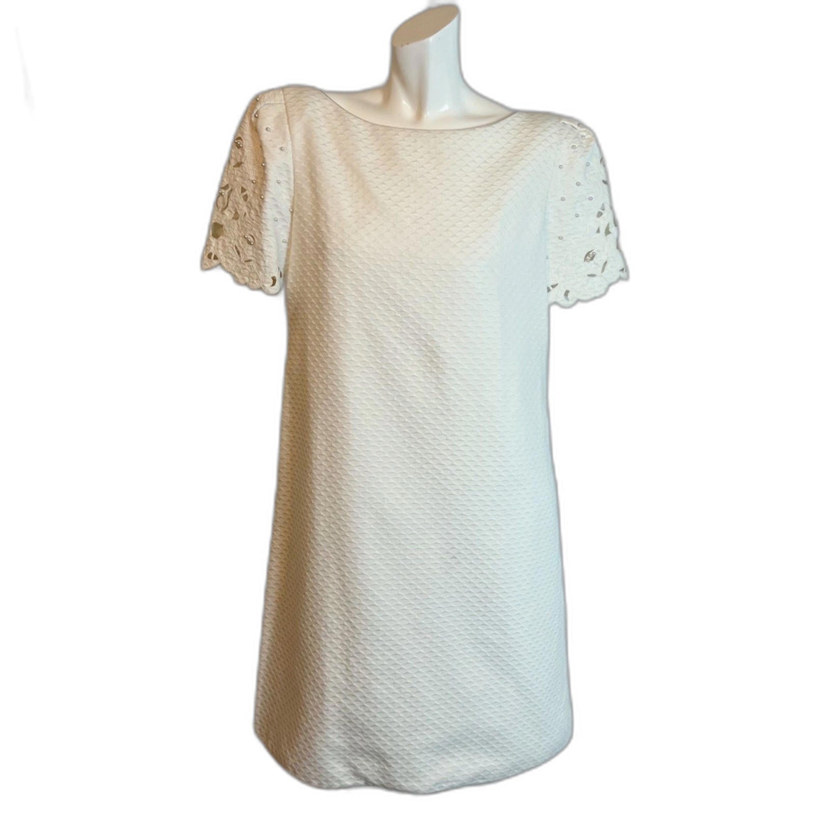 Vintage 1990s Mary McFadden Collection White Shift Dress Pearl Bridal Size 10
