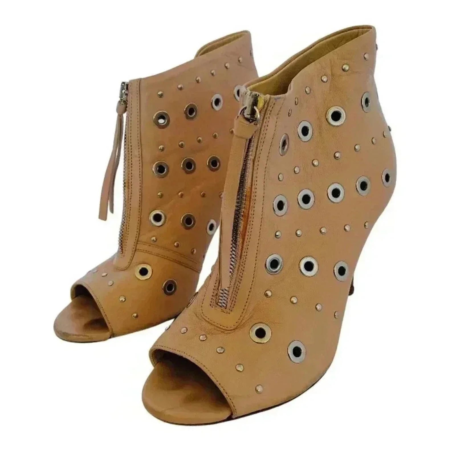 Jerome C. Rousseau Net Grommets Tan Stilettos With Rivets