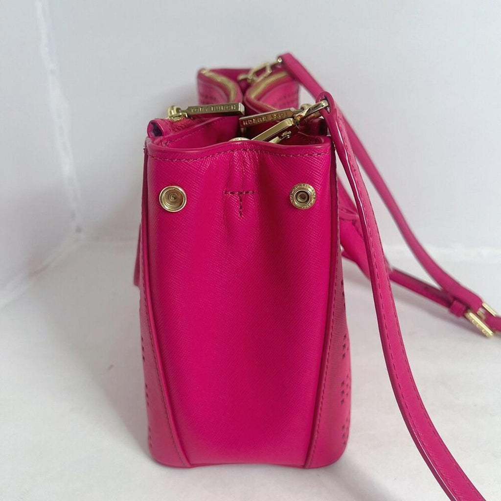 Tory Burch Robinson Fuchsia Double Zip Perforated Handbag Pink Leather Purse