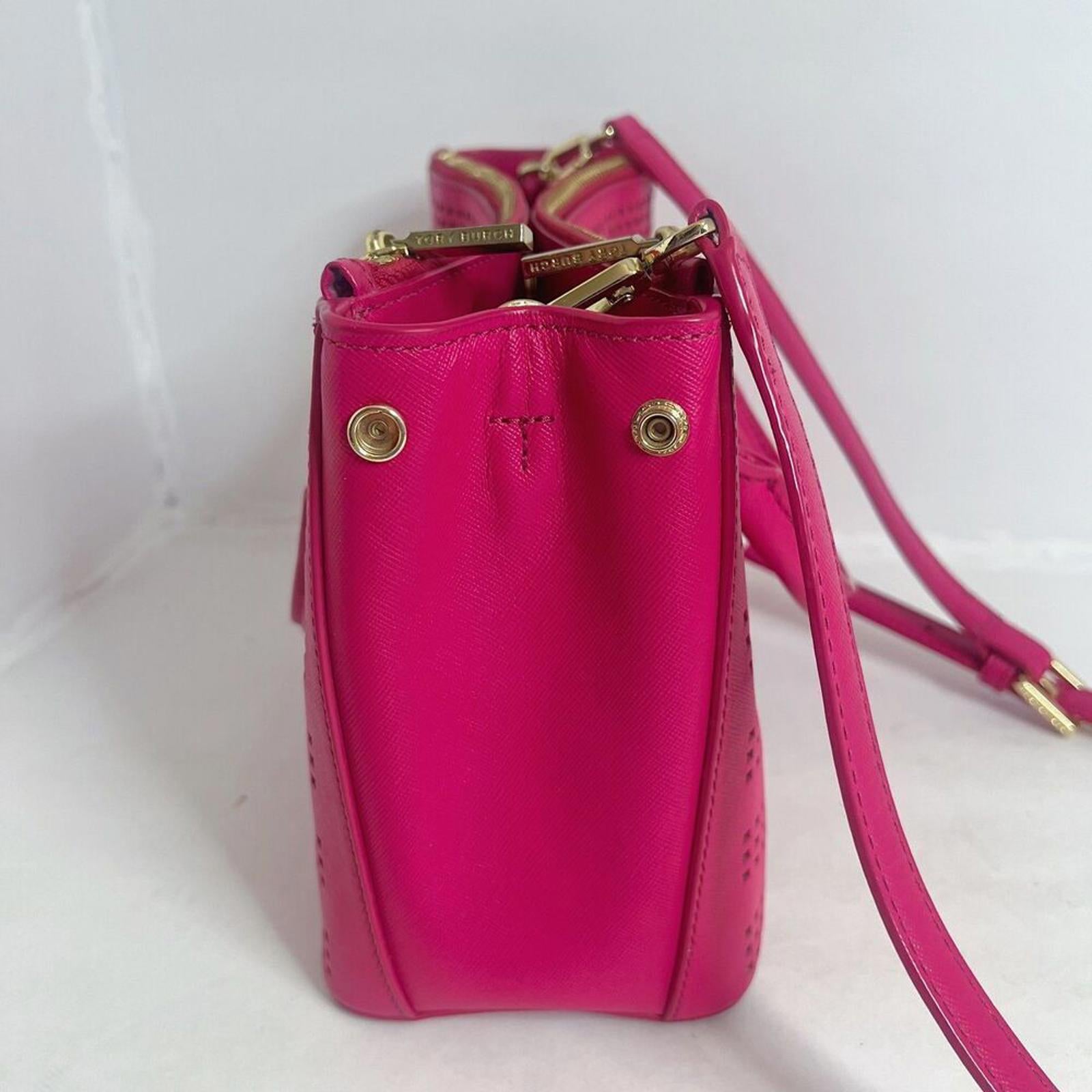 Tory Burch Robinson Fuchsia Double Zip Perforated Handbag Pink Leather Purse