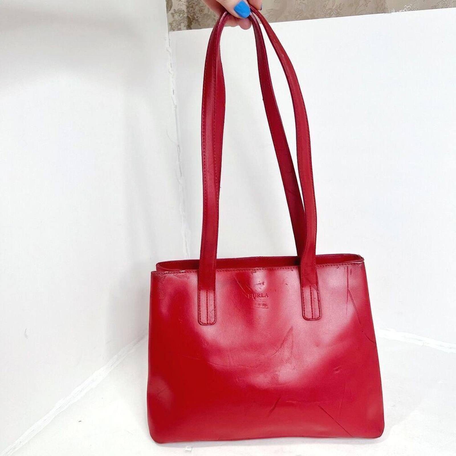 Furla Vintage Red Leather Shoulder Bag Handbag Purse Candy Apple Cherry