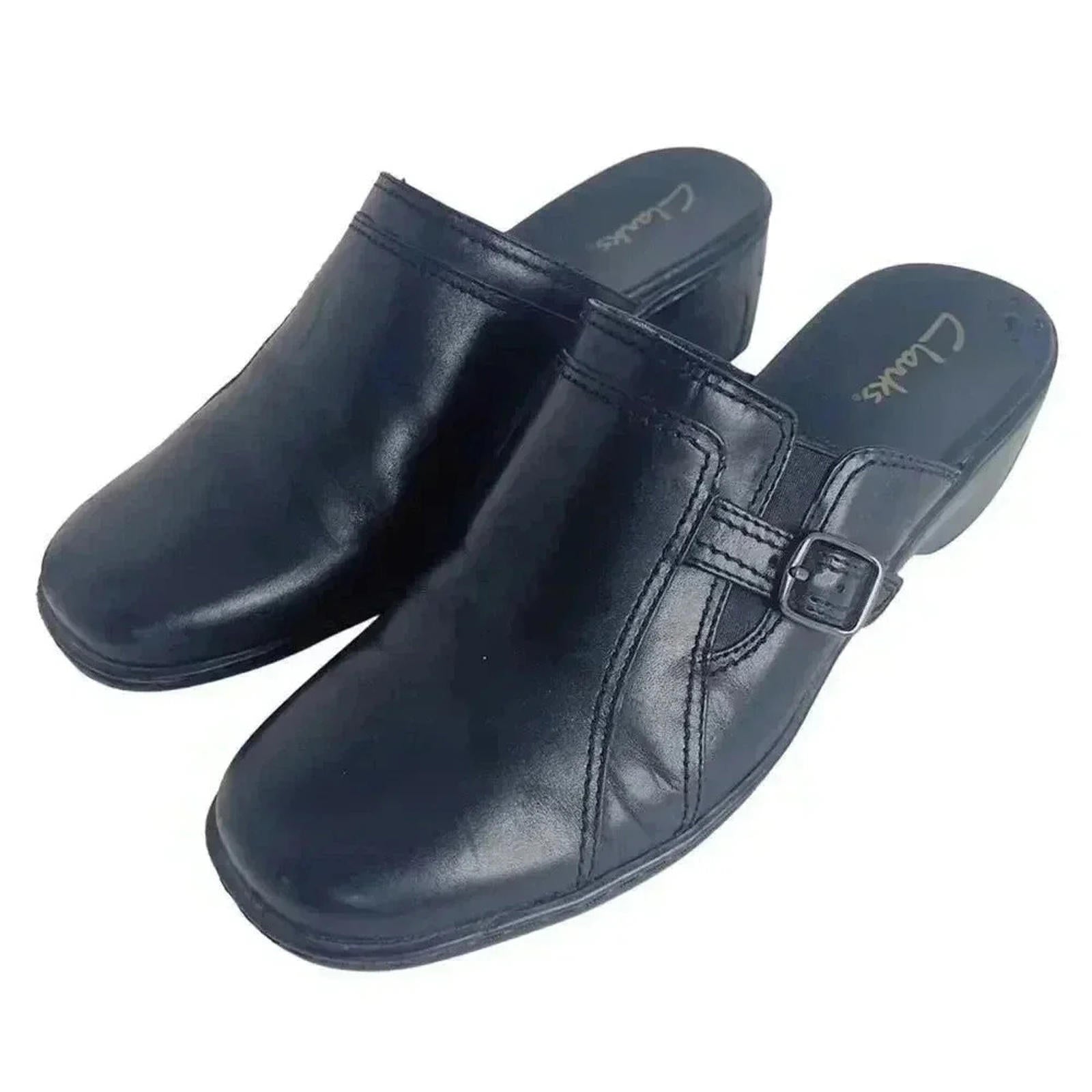 Clarks Black Leather Heeled Mules Clogs Silver Buckle Women's Size 9